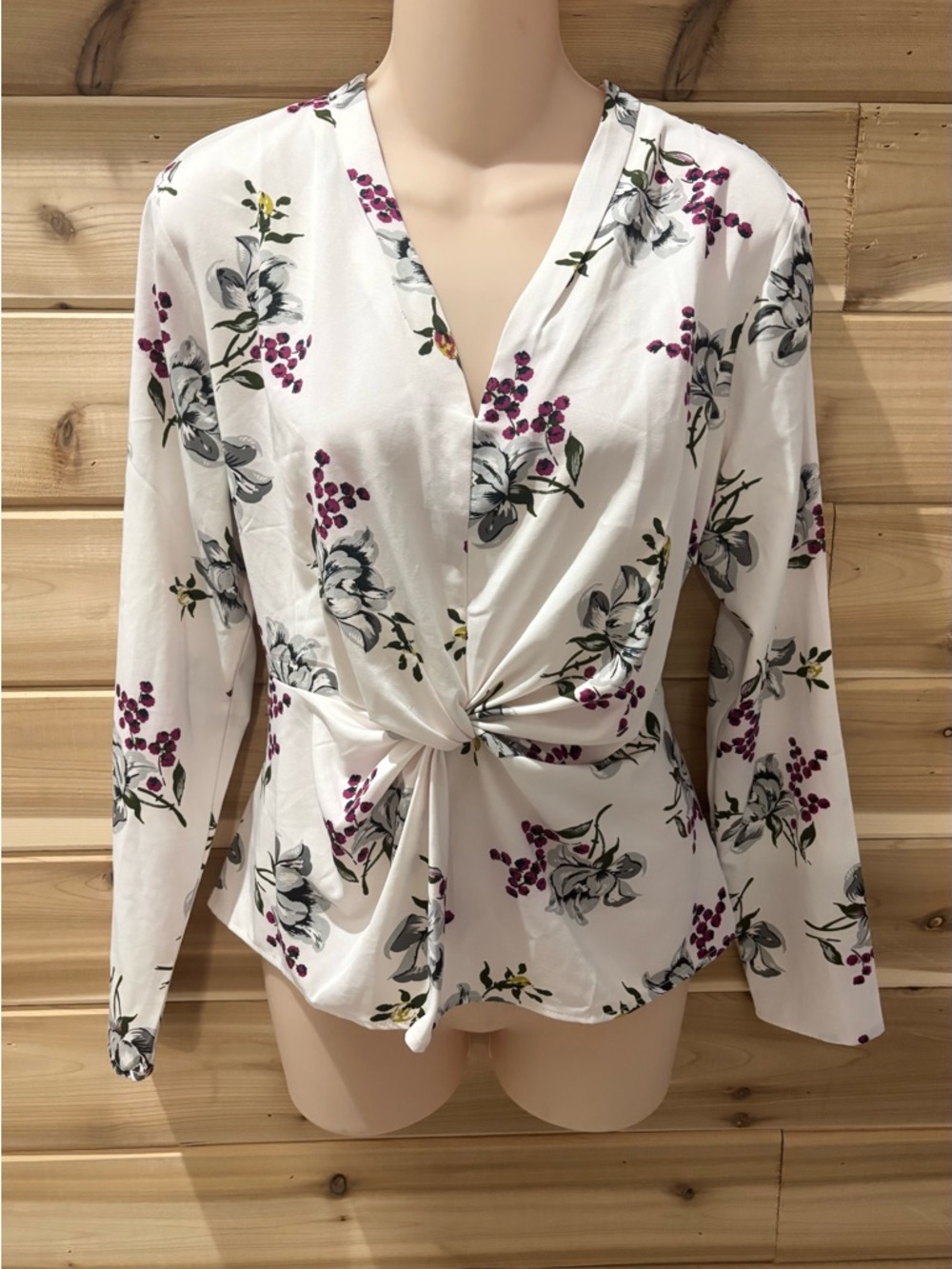 Ann Taylor White Floral Twist-Front Blouse with Purple Berry Print